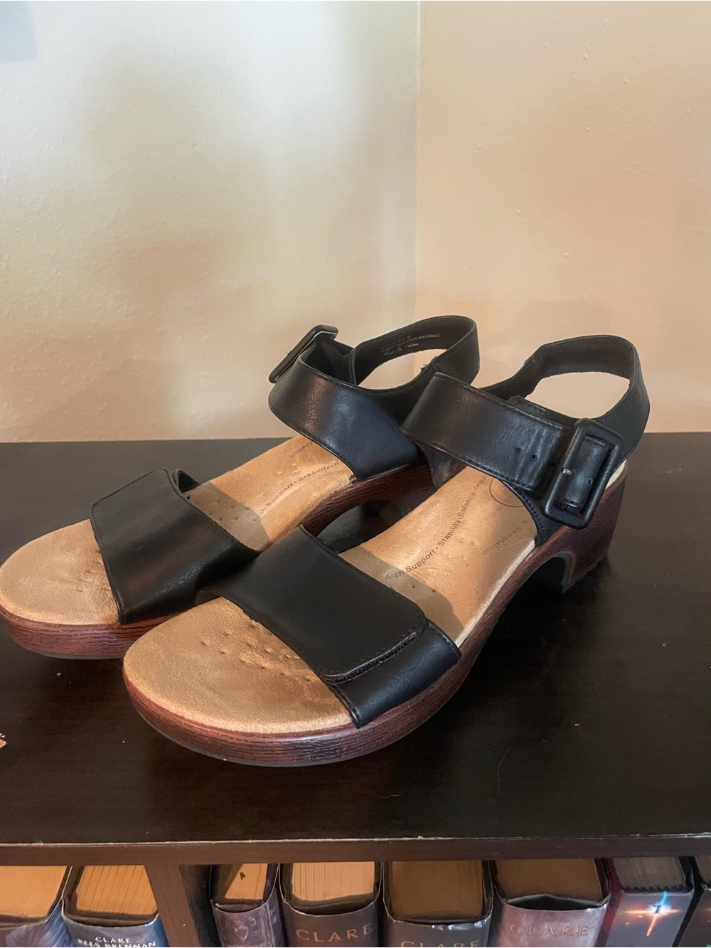 Easy Street Black Leather Ankle-Strap Sandals with Wood-Effect Heel